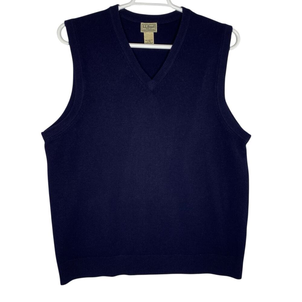 LL Bean Mens Sweater Vest Navy Blue 100% Lambswool V-Neck Large Preppy Grandpa